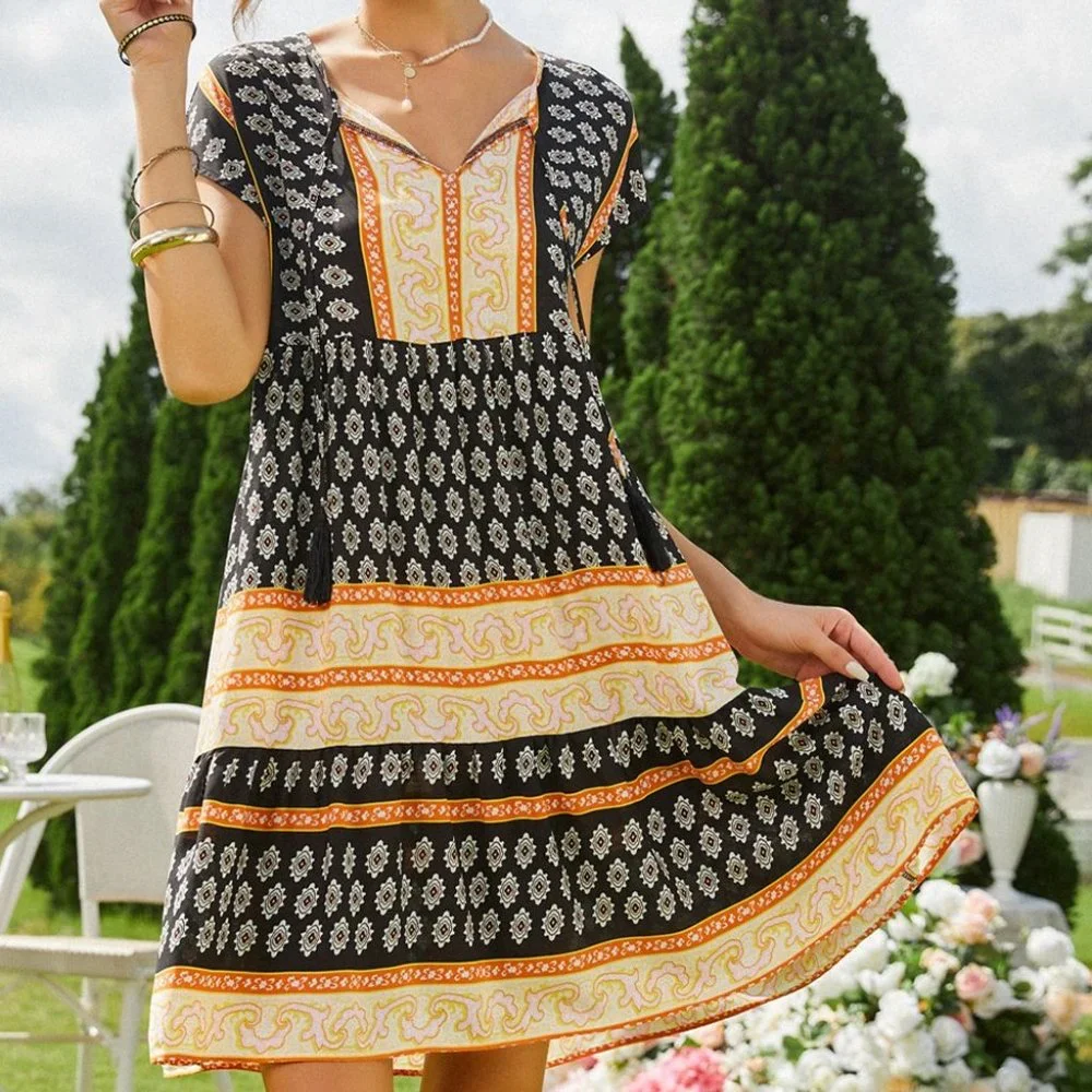 Suzanne Betro Black & Yellow Abstract Print Casual Dress (XL-14) - Picture 3 of 6